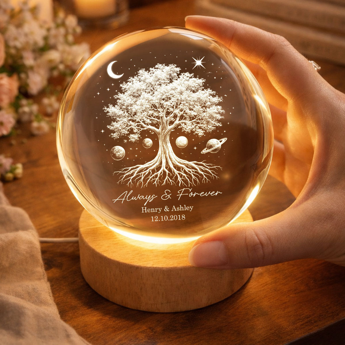 One Life One Love Couple Tree of Life - Personalized Crystal Ball LED Night Light - Sentimental Gift for Her, for Him, Couple Keepsake