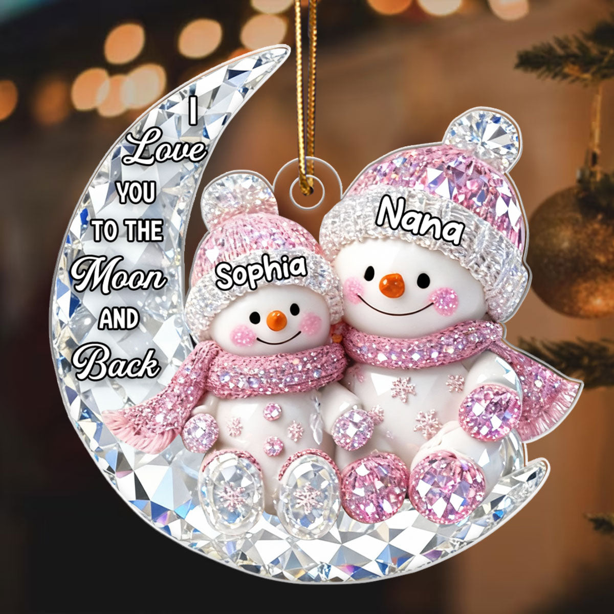 3D Crystal Effect Snowman Grandma Grandkid on Moon - Personalized Acrylic Ornament - Christmas Gift for Grandma, Grandkids
