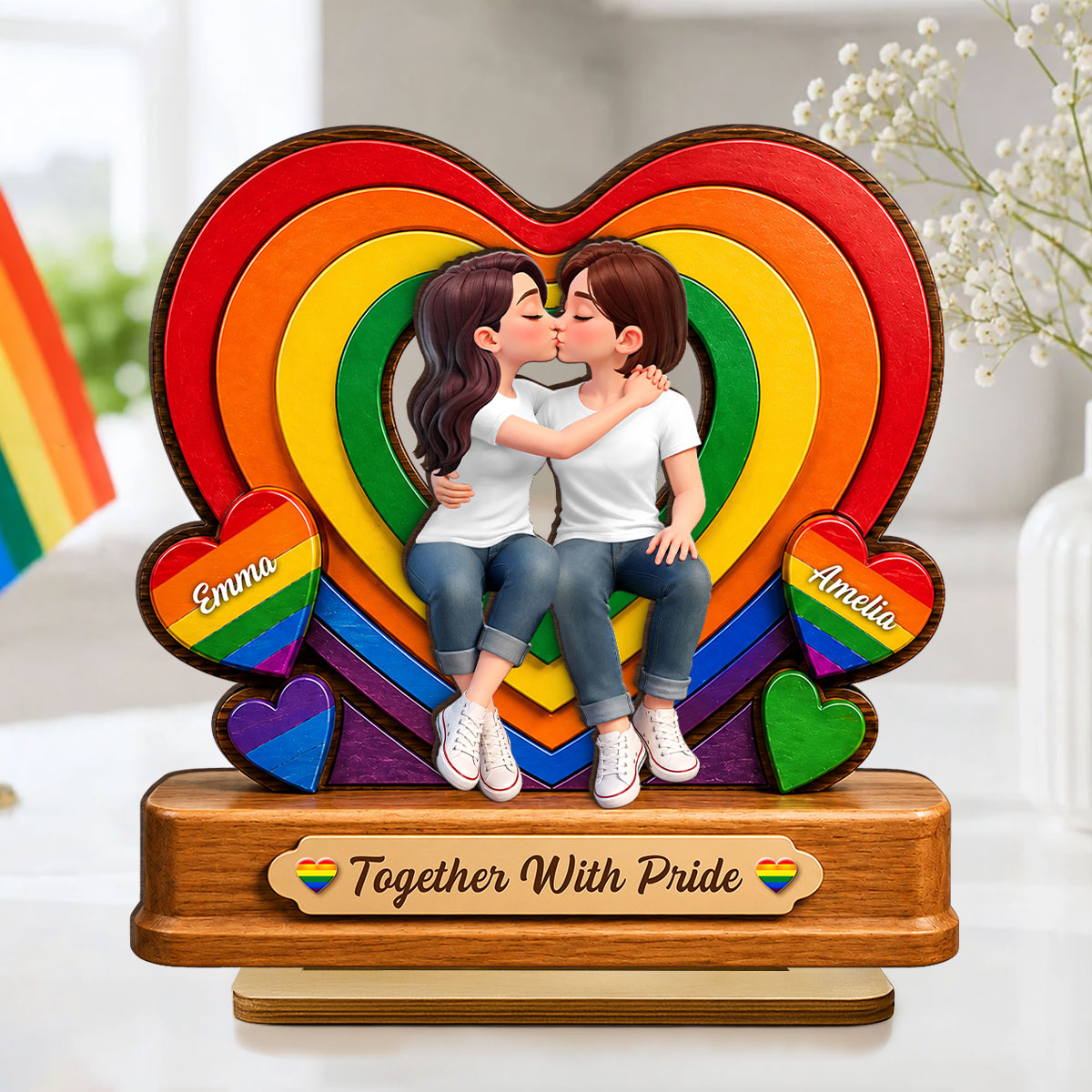 Together With Pride LGBT+ Couple - Personalized 2-Layered Wooden Plaque - Gift For Couple, Happy Pride Month