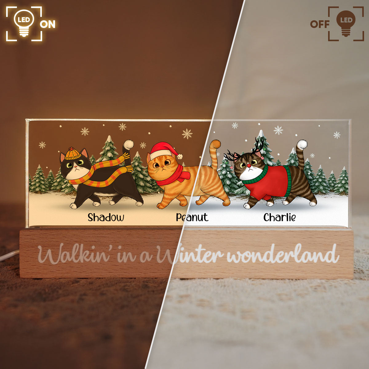 Christmas Cats Walking In A Winter Wonderland - Personalized Acrylic Block Plaque LED Night Light