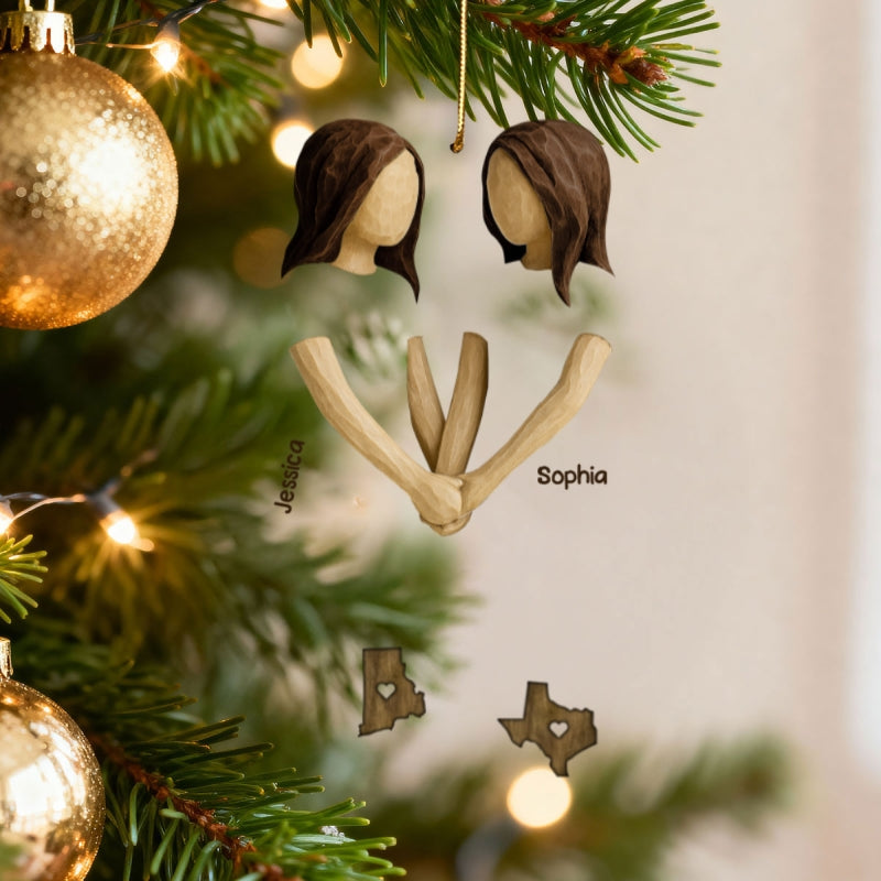 Miles Apart Besties At Heart 3D Effect - Personalized Wooden Ornament - Christmas Gift, Birthday Gift, Long Distance Friendship Gift for Best Friends