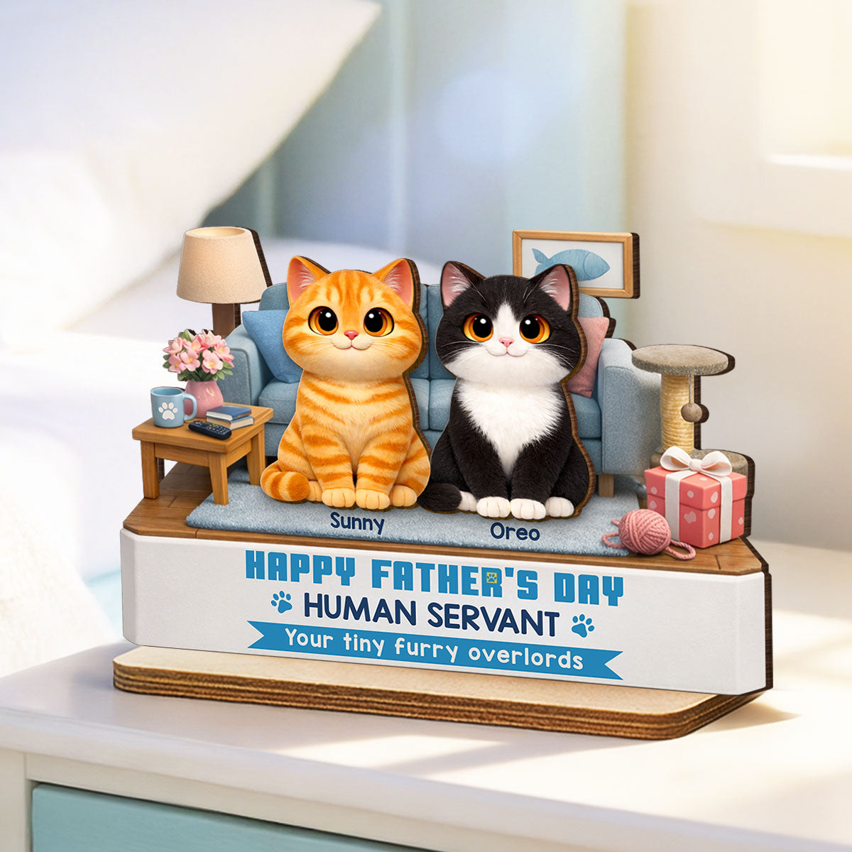 Cat Dad Cute Fluffy Cats Happy  Human Servant - Personalized 2-Layered Wooden Plaque - Funny  Gift For Cat Dad, Cat Lovers