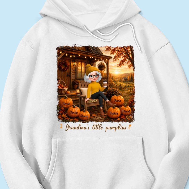 Grandma Sitting On Porch Grandkids - Personalized Shirt - Fall Season Gift, Gift For Grandma