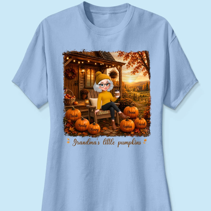 Grandma Sitting On Porch Grandkids - Personalized Shirt - Fall Season Gift, Gift For Grandma