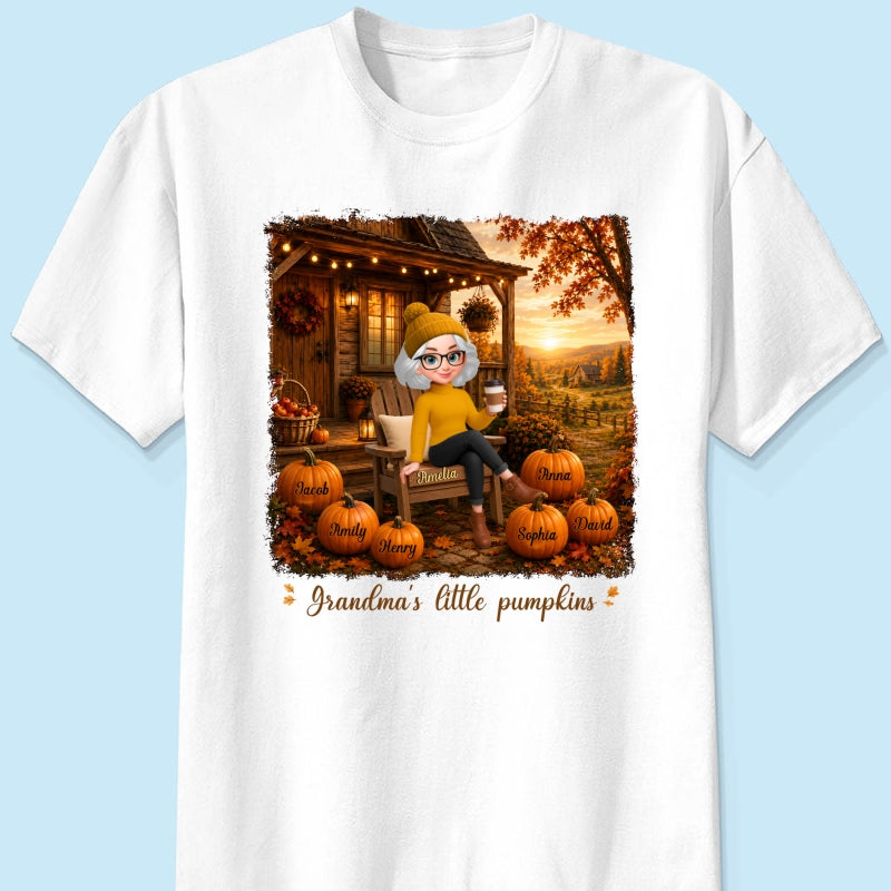 Grandma Sitting On Porch Grandkids - Personalized Shirt - Fall Season Gift, Gift For Grandma