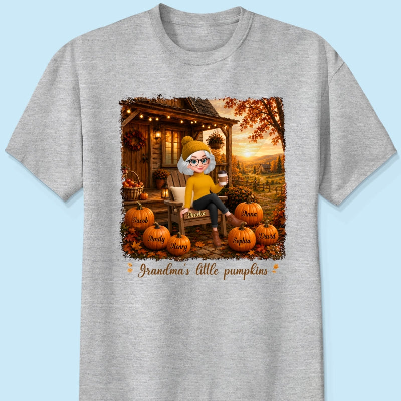 Grandma Sitting On Porch Grandkids - Personalized Shirt - Fall Season Gift, Gift For Grandma