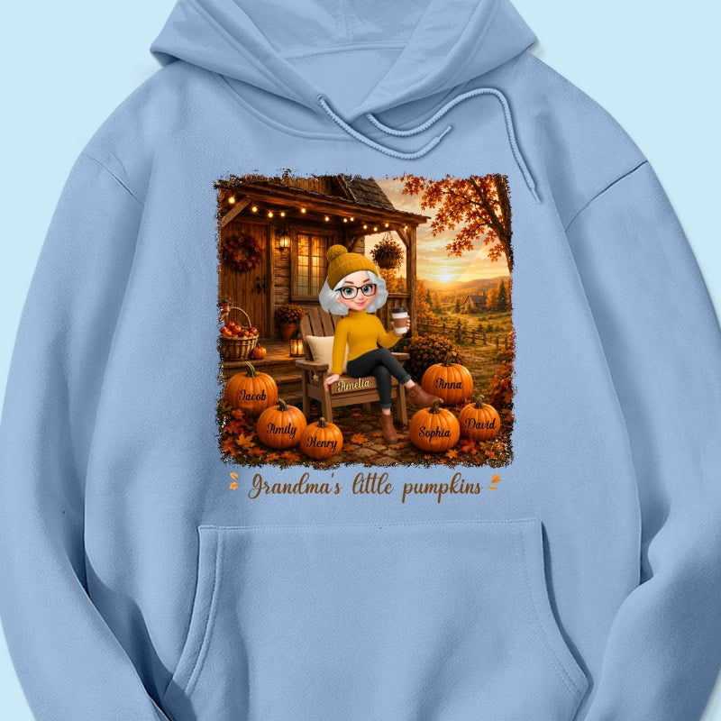 Grandma Sitting On Porch Grandkids - Personalized Shirt - Fall Season Gift, Gift For Grandma