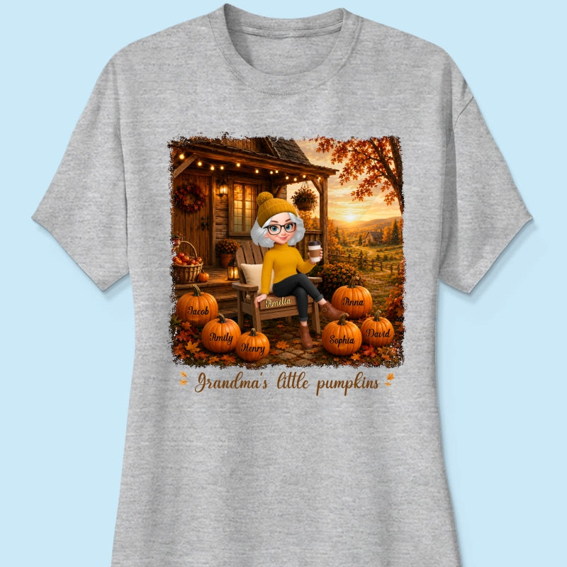 Grandma Sitting On Porch Grandkids - Personalized Shirt - Fall Season Gift, Gift For Grandma