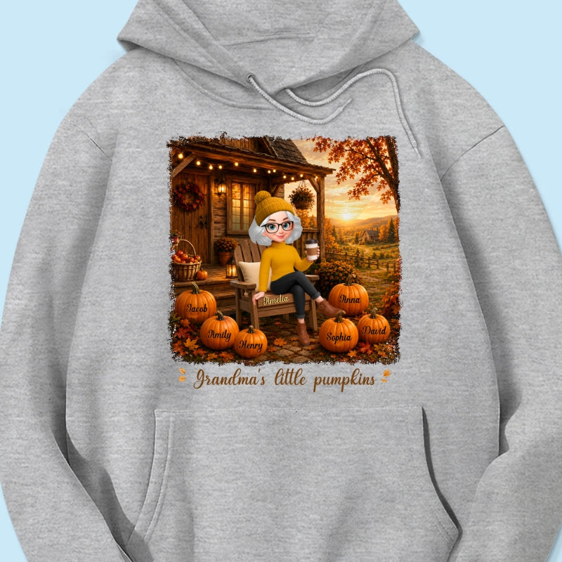 Grandma Sitting On Porch Grandkids - Personalized Shirt - Fall Season Gift, Gift For Grandma