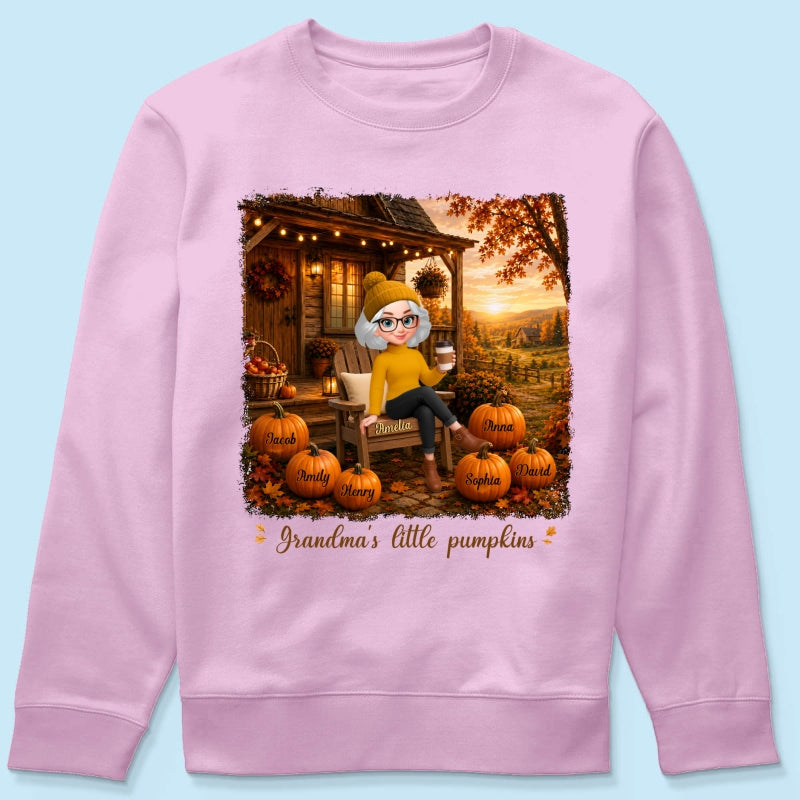 Grandma Sitting On Porch Grandkids - Personalized Shirt - Fall Season Gift, Gift For Grandma