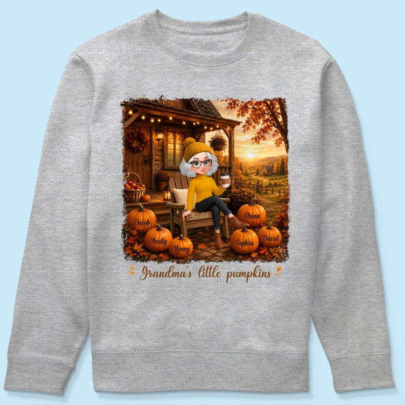 Grandma Sitting On Porch Grandkids - Personalized Shirt - Fall Season Gift, Gift For Grandma