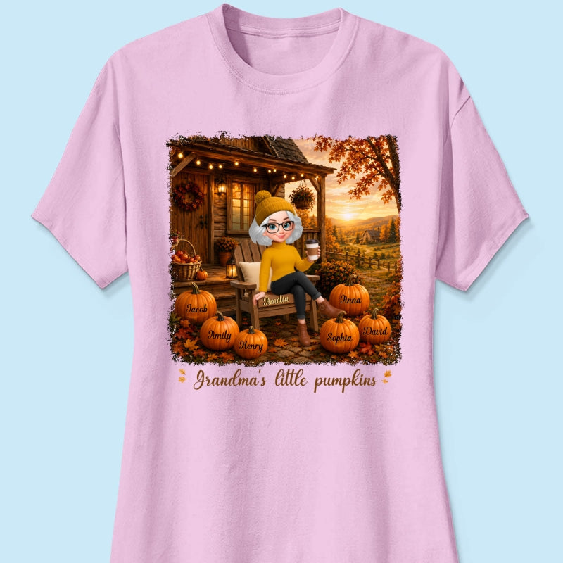 Grandma Sitting On Porch Grandkids - Personalized Shirt - Fall Season Gift, Gift For Grandma