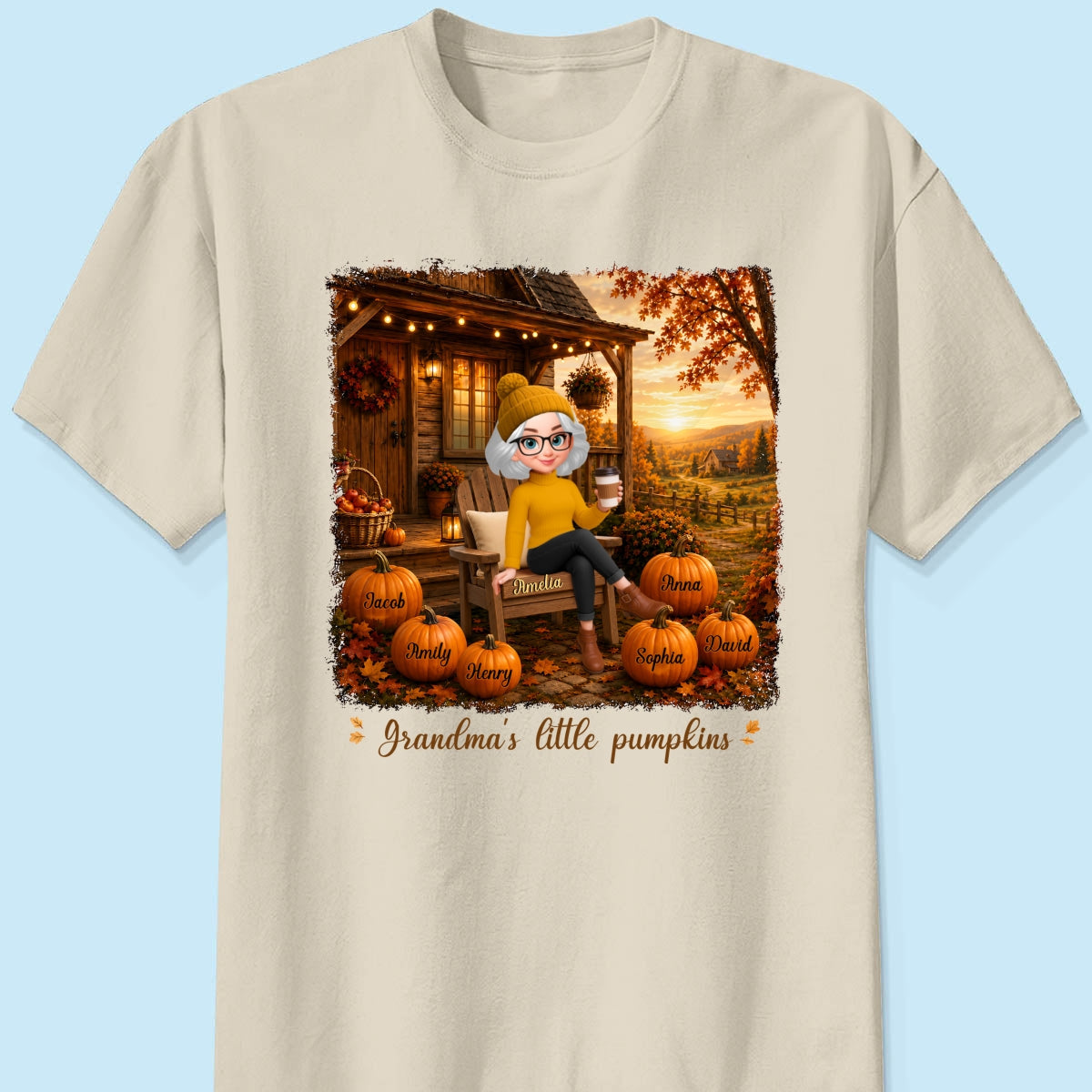 Grandma Sitting On Porch Grandkids - Personalized Shirt - Fall Season Gift, Gift For Grandma