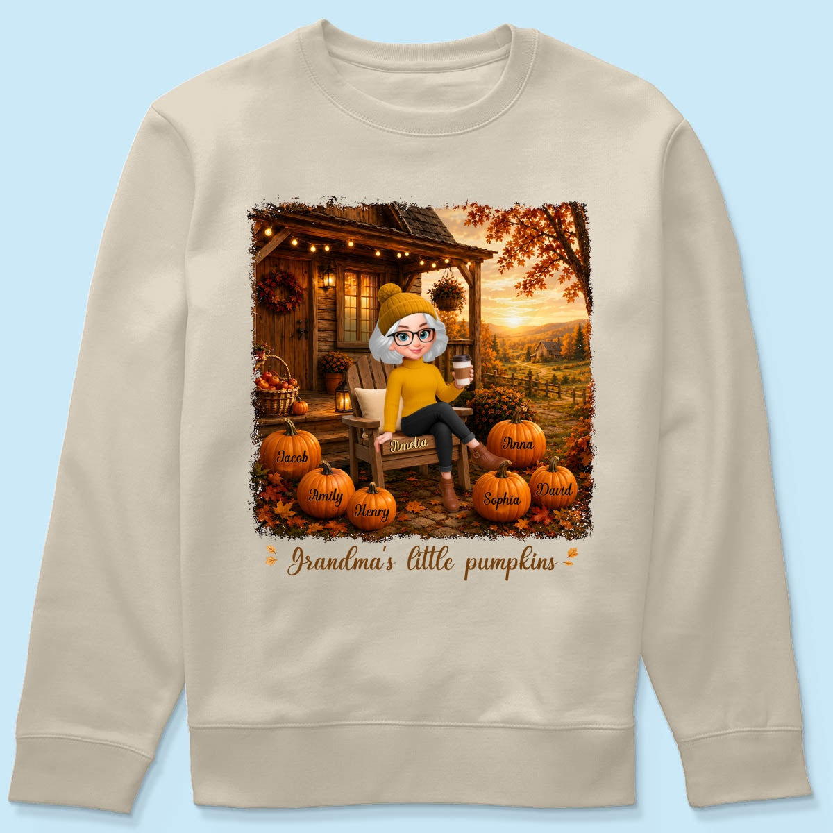 Grandma Sitting On Porch Grandkids - Personalized Shirt - Fall Season Gift, Gift For Grandma