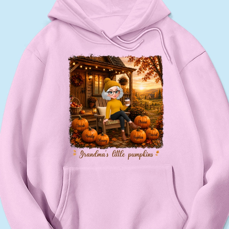 Grandma Sitting On Porch Grandkids - Personalized Shirt - Fall Season Gift, Gift For Grandma