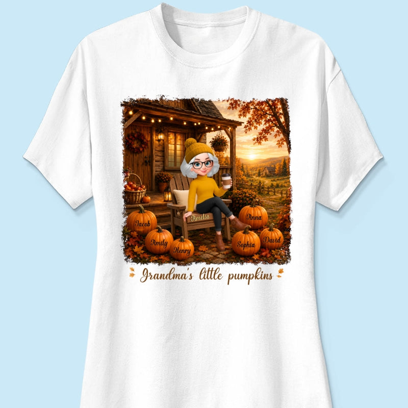 Grandma Sitting On Porch Grandkids - Personalized Shirt - Fall Season Gift, Gift For Grandma