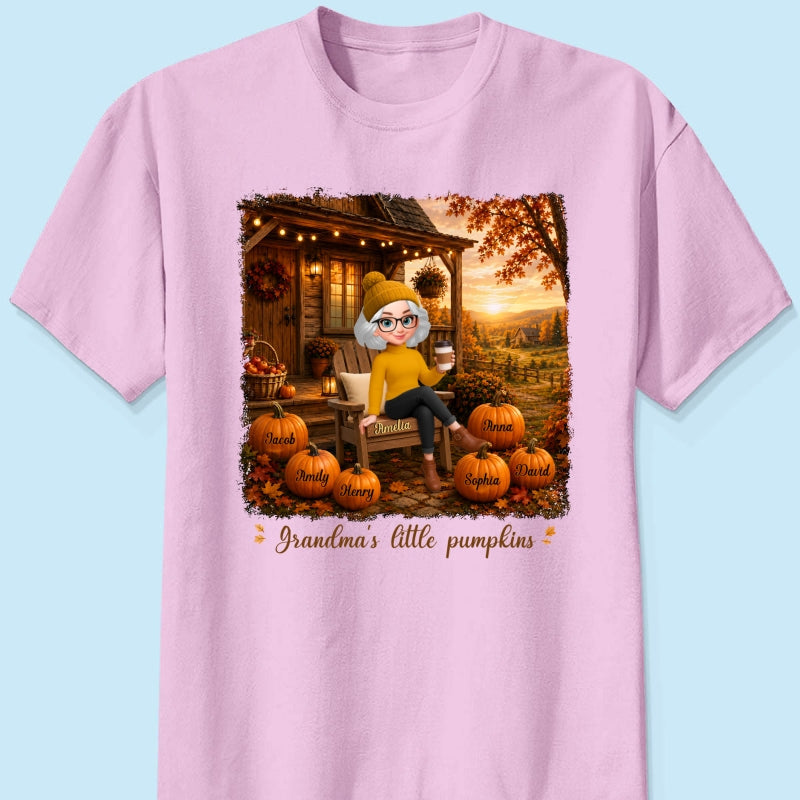 Grandma Sitting On Porch Grandkids - Personalized Shirt - Fall Season Gift, Gift For Grandma