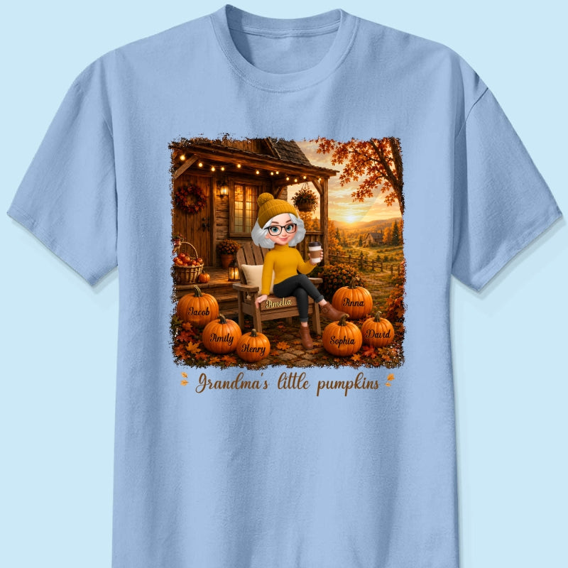 Grandma Sitting On Porch Grandkids - Personalized Shirt - Fall Season Gift, Gift For Grandma