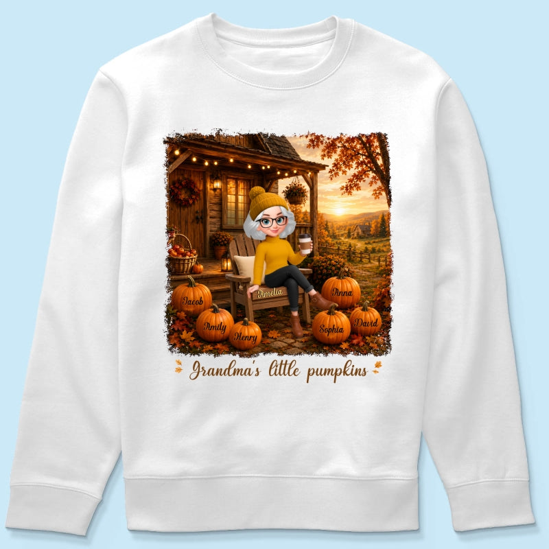 Grandma Sitting On Porch Grandkids - Personalized Shirt - Fall Season Gift, Gift For Grandma