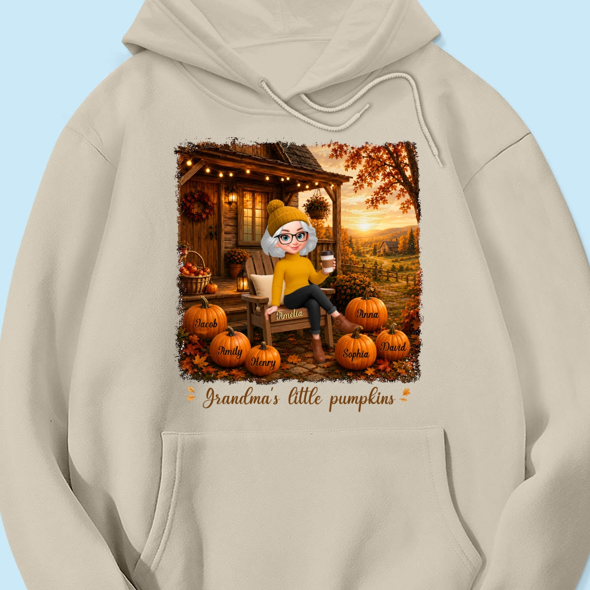 Grandma Sitting On Porch Grandkids - Personalized Shirt - Fall Season Gift, Gift For Grandma