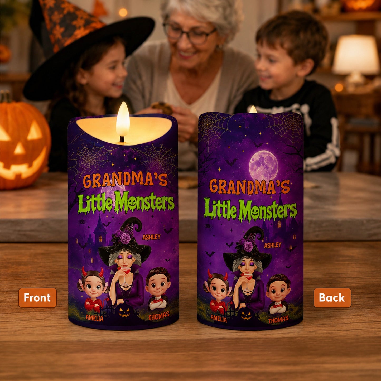 Grandma's Little Monsters Pretty Witch & Kids Purple Theme - Personalized LED Candle - Perfect Halloween Decor for Grandma