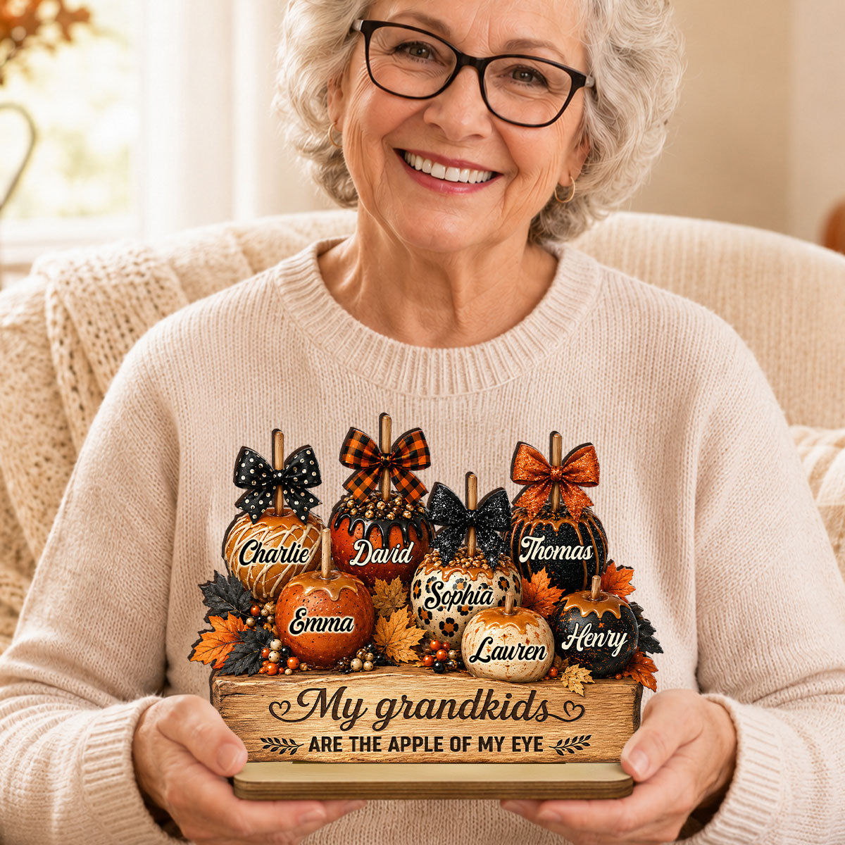 Apples of Grandma's Eyes - Personalized 2-Layered Wooden Plaque - Fall Decor for Grandma