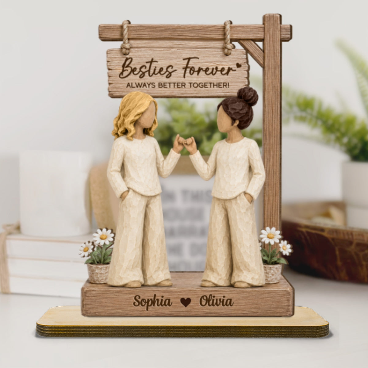 Besties Forever Pinky Promise Under Sign Post 2D Flat - Personalized 2-Layered Wooden Plaque - Friendship Keepsake
