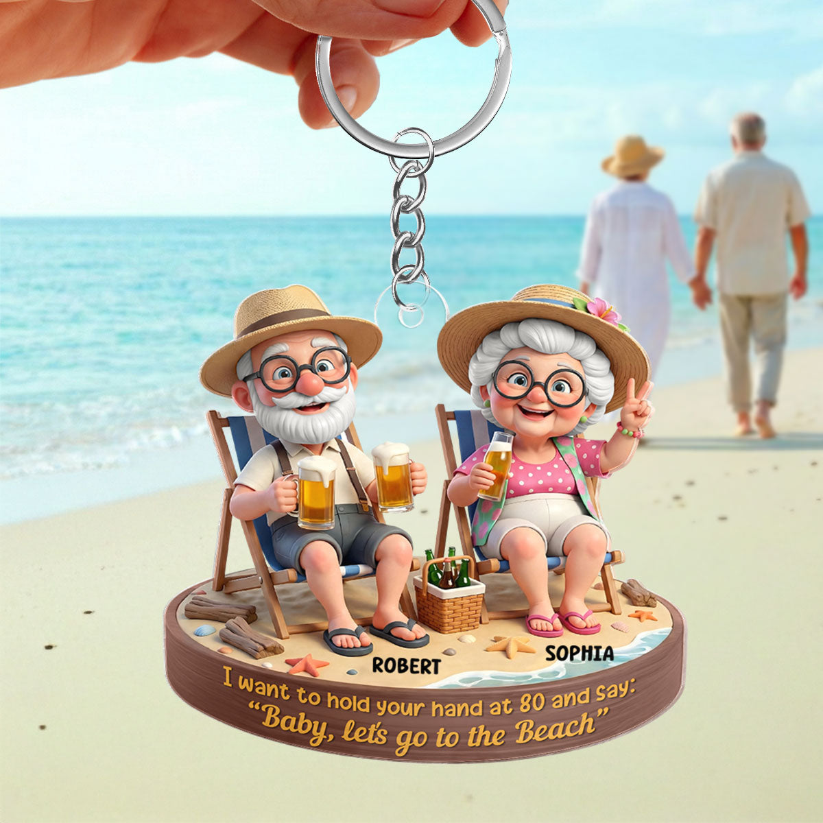 3D Effect Old Couple Baby Let's Go to the Beach  - Personalized Acrylic Keychain - Sentimental Gift for him, for her