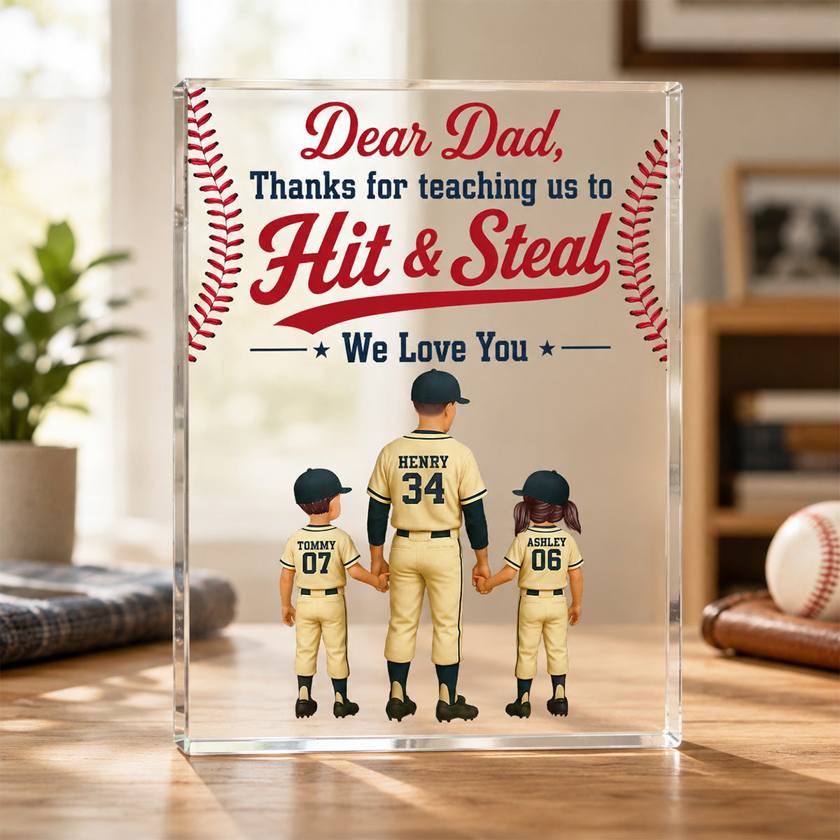 Thank You For Teaching Us To Hit & Steal Baseball Dad & Kids - Personalized Acrylic Block Plaque -  Gift For Dad, Husband