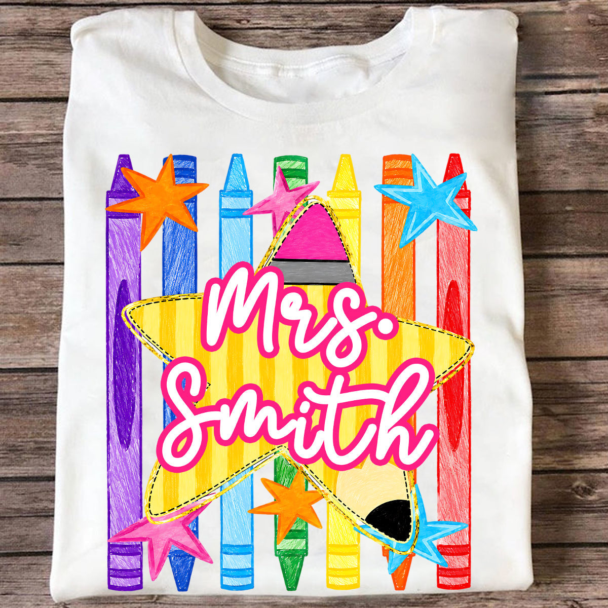 Striped Custom Teacher Name Pencil Crayons - Personalized Shirt - Back To School Gift for Teachers