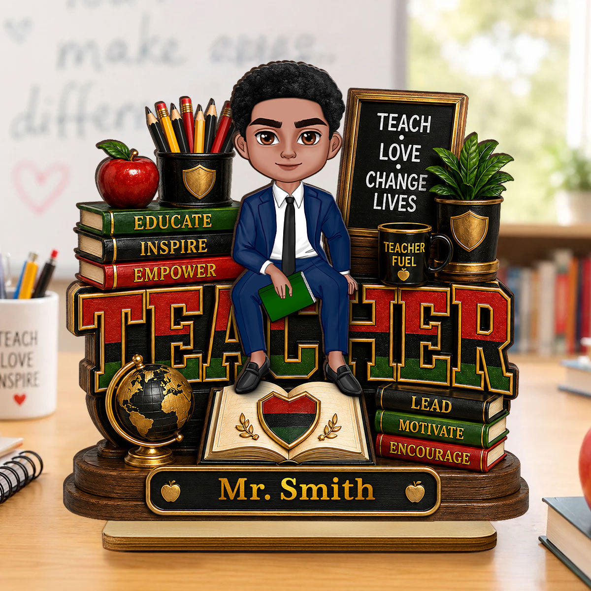Teach Love Changes Life - Personalized 2-Layered Wooden Plaque - African American Male Teacher Appreciation Gift