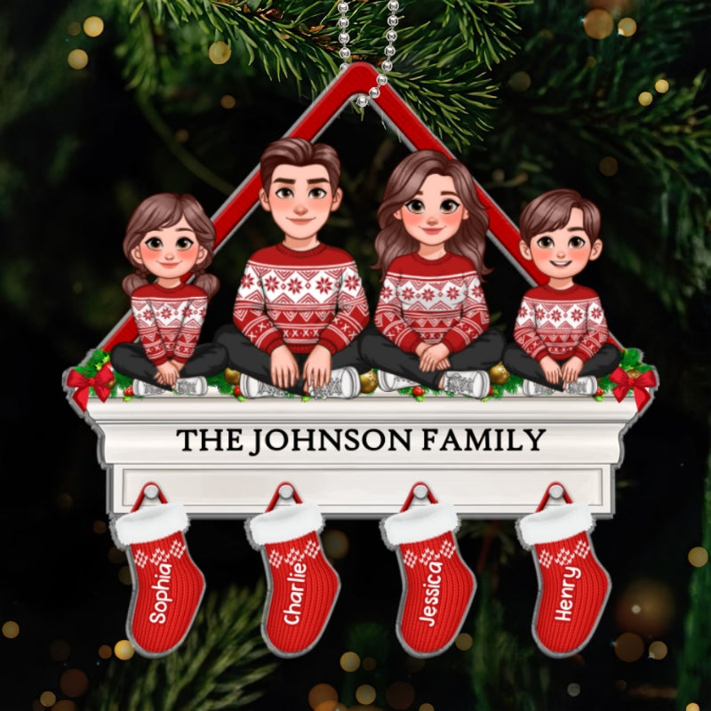 Family Sitting On Christmas Mantel With Stocking Personalized Acrylic Ornament