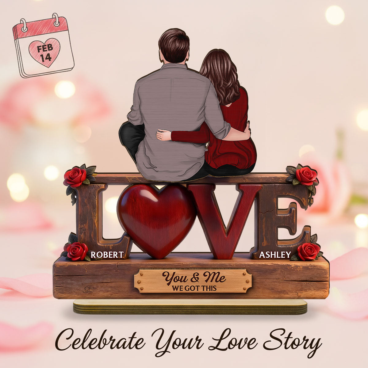 Roses LOVE Back View Couple Sitting Embracing - Personalized 2-Layered Wooden Plaque - Valentine's Day Gift For Couple, For Him, For Her