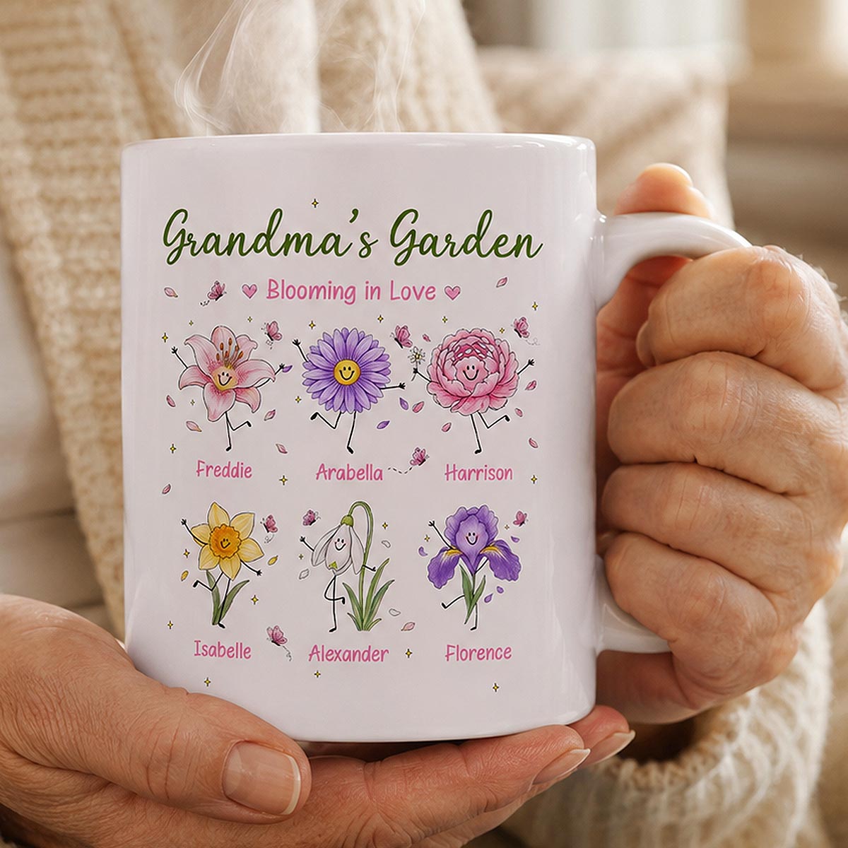 Grandma's Garden Cute Doodle Birth Month Flowers - Personalized Mug - Gift For Grandma