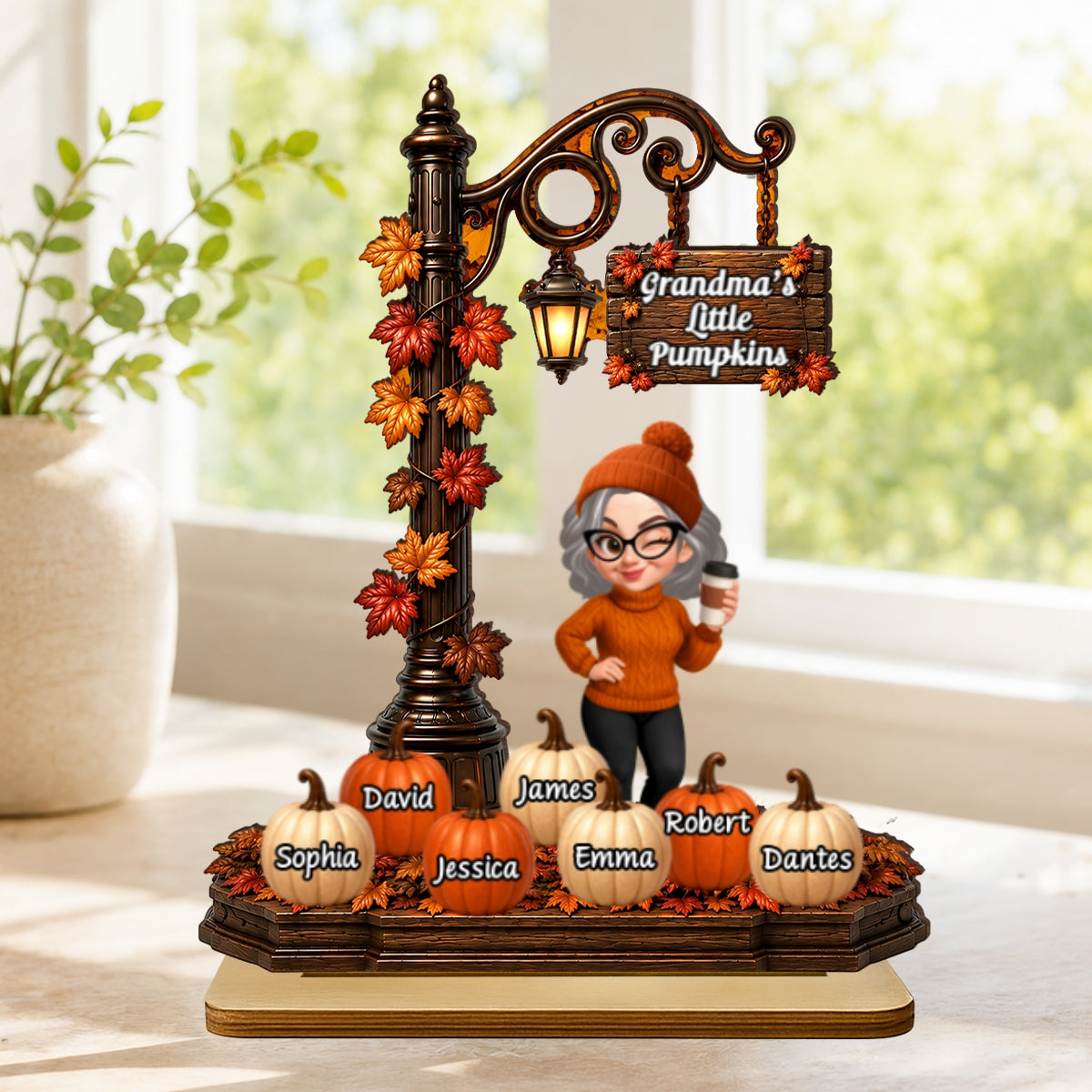 Grandma's Little Pumpkins Lamp Post - Personalized 2-Layered Wooden Plaque - Fall Season Decor Gift, Gift For Grandma