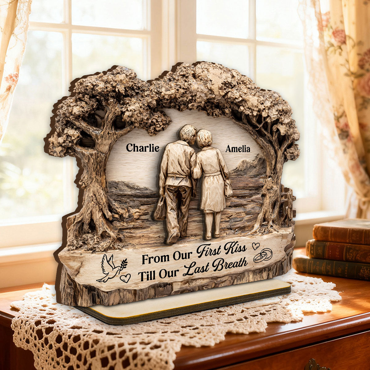 From Our First Kiss Till Our Last Breath - Personalized 2 Layer Standing Wooden Plaque - Gift for Couple