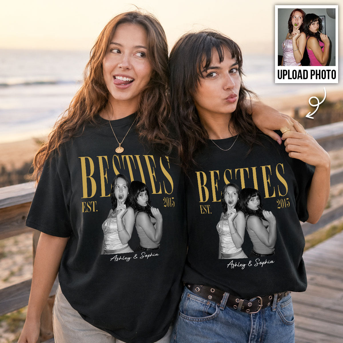 Vintage Retro Besties Best Friends Upload Photo - Personalized Shirt - Birthday Gift For Best Friends, Matching Friends Group T-shirt
