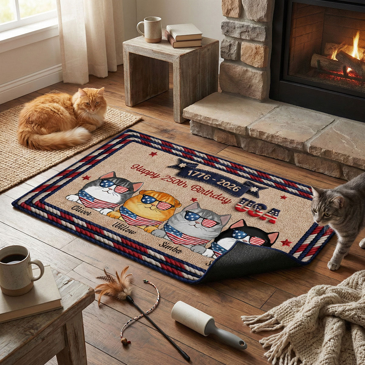 USA 250th Birthday Patriotic Flag Cat Faux Yarn Pattern - Personalized Doormat - Gift For Cat Lovers