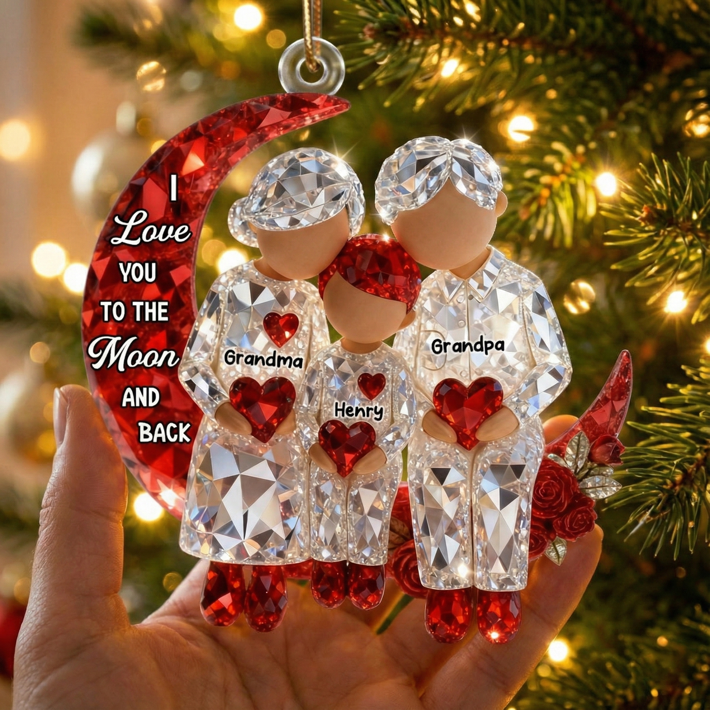 3D Crystal Effect Grandma Grandpa Grandkid Sitting on Moon  - Personalized Acrylic Ornament - Christmas Gift for Grandma, Grandkids
