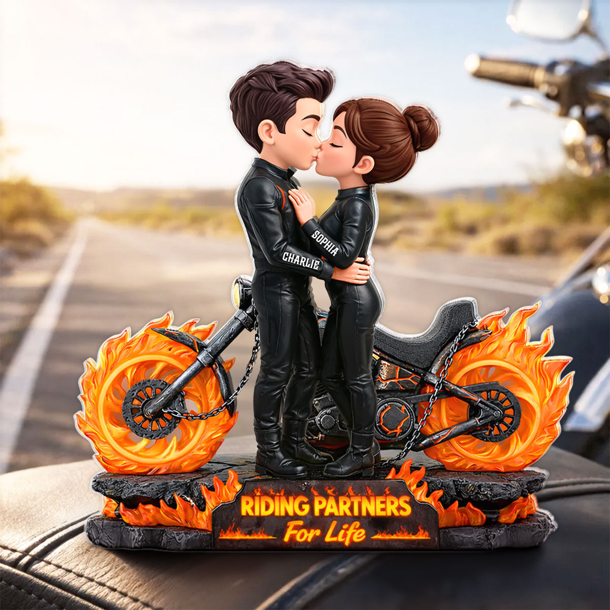 Biker Couple Fire - Personalized Acrylic Block Plaque - Sentimental Gift for Her, for Him