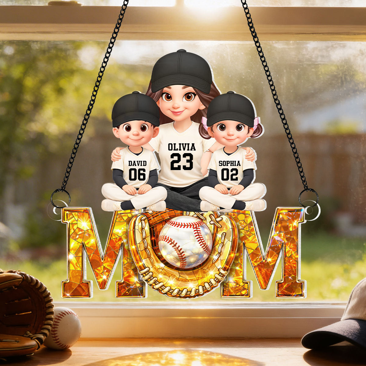 Baseball Mom And Kids Sitting We Caught The Best Mom - Personalized Suncatcher - Heartfelt Mother's Day Gift for Mom, Wife