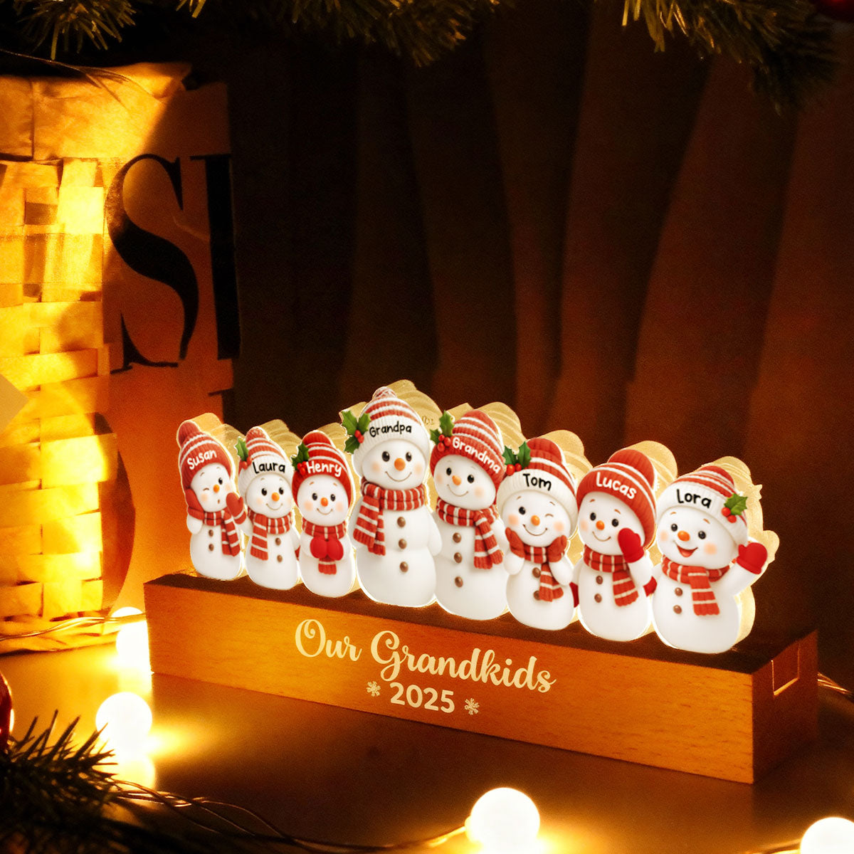 Festive Snowman Family Members - Personalized Acrylic Block Plaque LED Night Light - Christmas Gift for Family