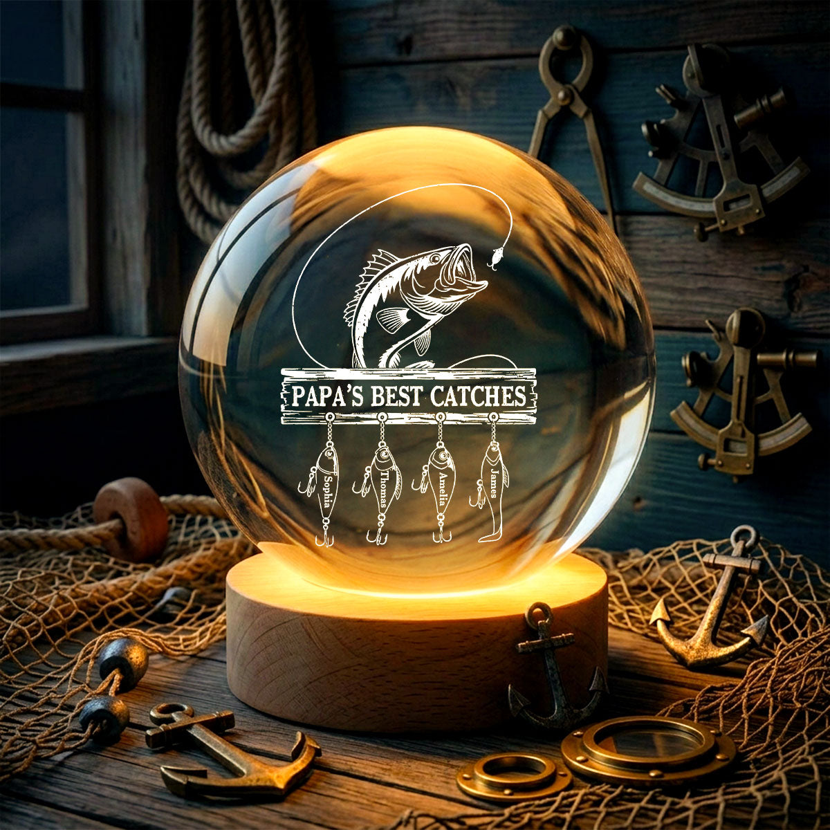 Daddy Grandpa Best Catch Fishing - Personalized Crystal Ball LED Night Light - Heartfelt Gift For Dad, Gift For Grandpa