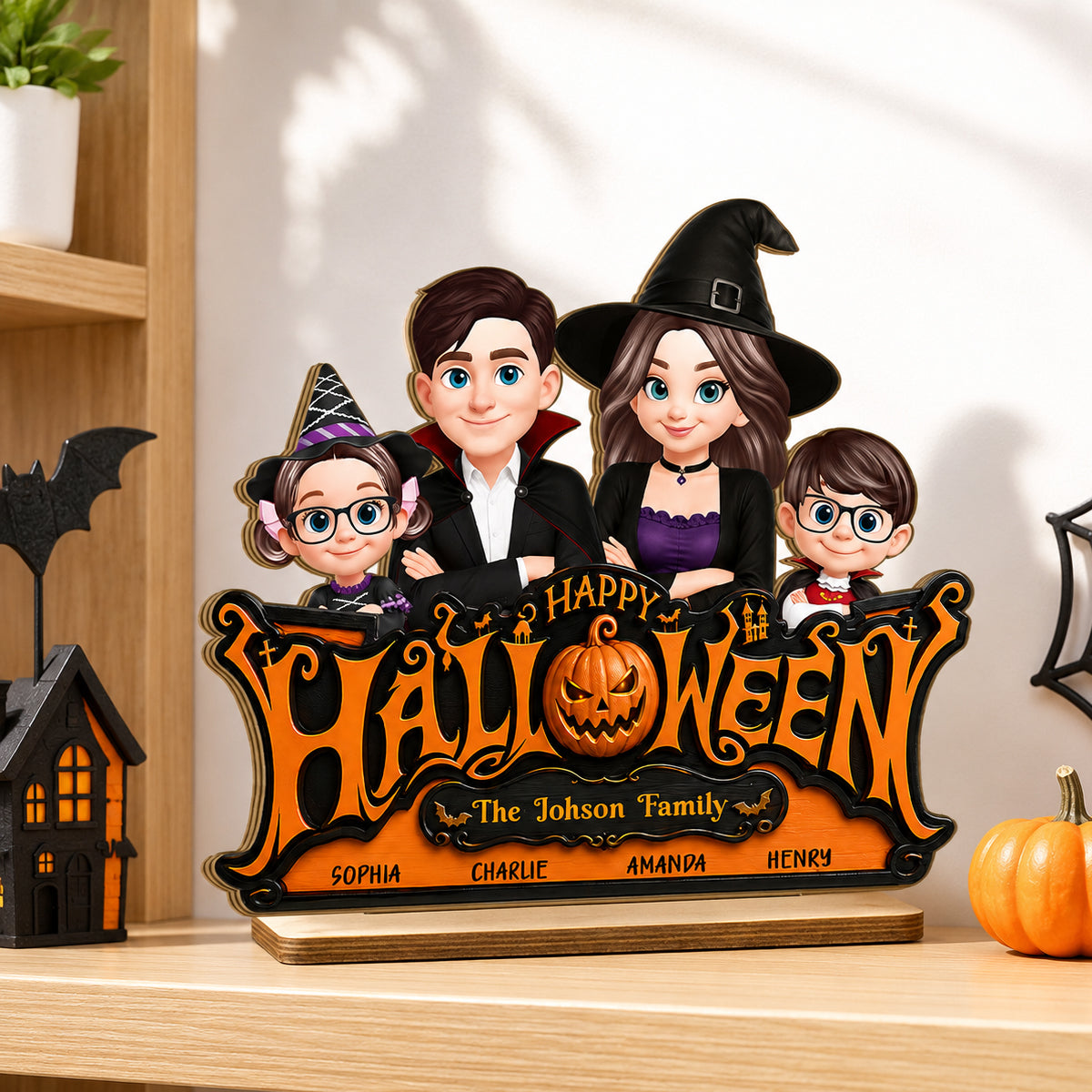 Happy Halloween Jack O Lantern Family - Personalized 2-Layered Wooden Plaque - Trendy Fall Halloween Decor