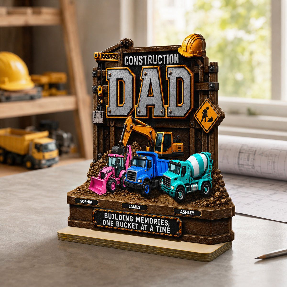 Construction Dad with Kids Names 2D Flat - Personalized Wooden Plaque