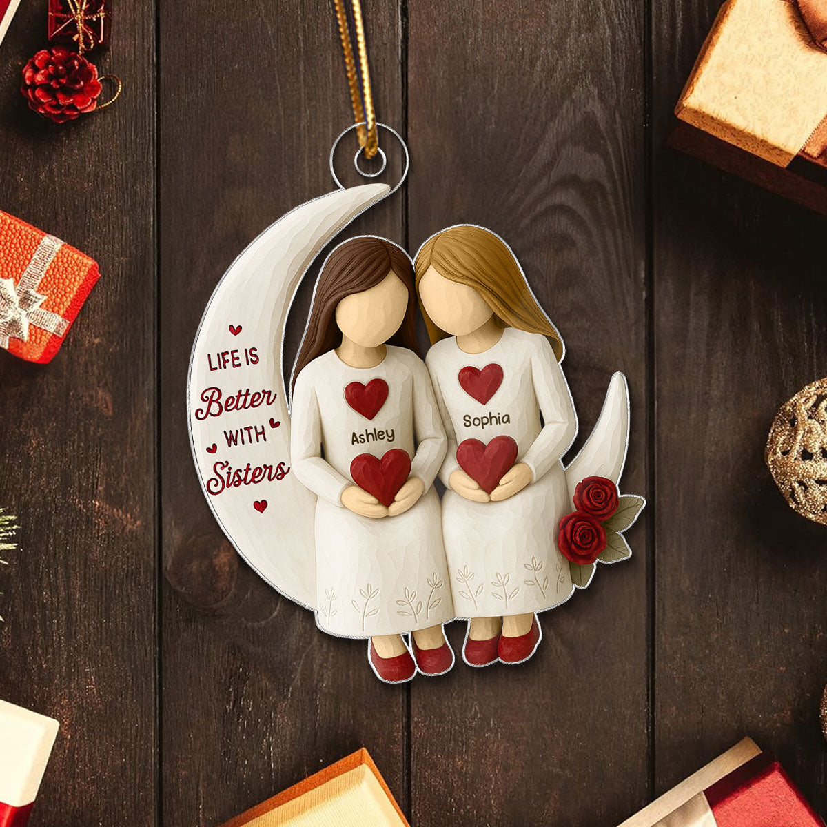 3D Effect Roses Sisters On Moon Wooden Texture - Personalized Acrylic Ornament - Christmas Gift For Sisters