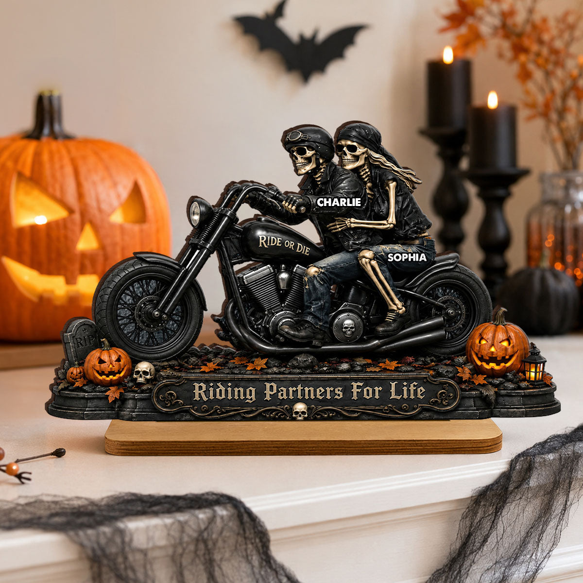 Riding Partners For Life Skeleton Couple - Personalized 2-Layered Wooden Plaque - Halloween Decor Gift, Gift For Couple