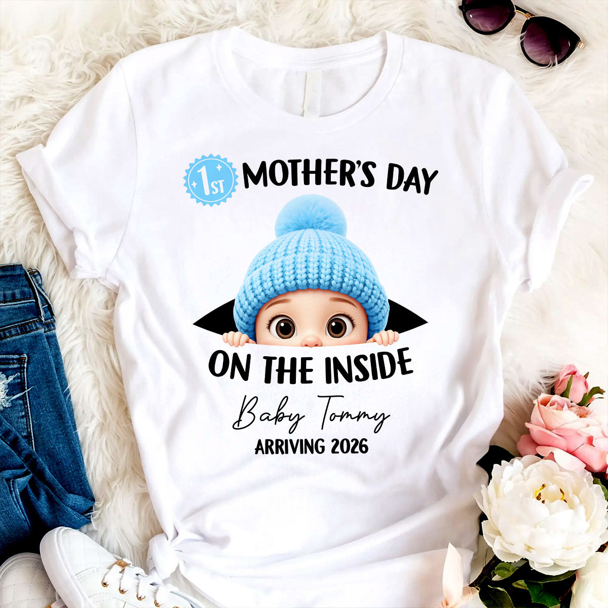 First Mother's Day on the Inside - Personalized Shirt - Baby Arriving Gift, Custom Pregnancy Announcement Tee