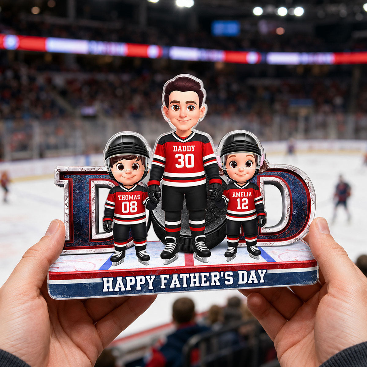 Hockey Dad And Kids Together Front View - Personalized Acrylic Block Plaque -  Gift For Dad, Husband