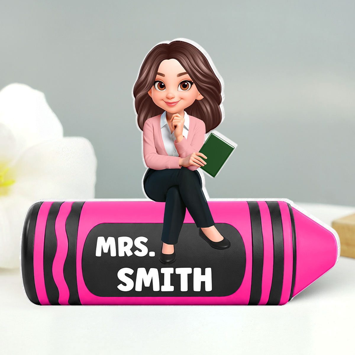 Teacher Sitting On Beautiful Crayon - Personalized Acrylic Block Plaque - Back To School Gift For Teacher, Classroom Decor